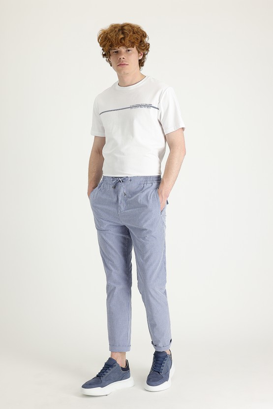 Erkek Giyim - Slim Fit Dar Kesim Beli Lastikli İpli Çizgili Likralı Pantolon