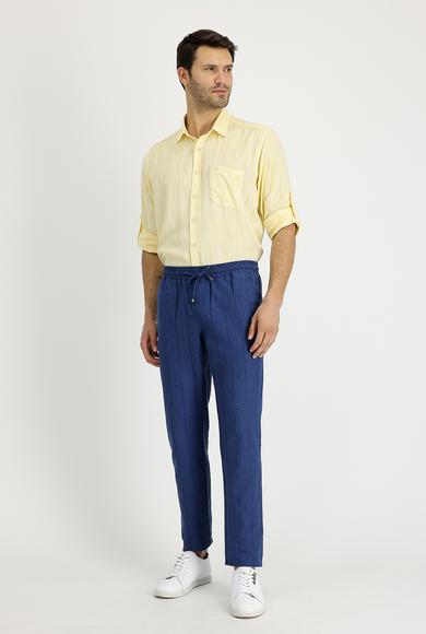 Erkek Giyim - KOYU LACİVERT 50 Beden Slim Fit Beli Lastikli İpli Çizgili Keten Pantolon