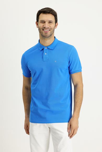 Erkek Giyim - SU MAVİSİ XL Beden Polo Yaka Regular Fit Nakışlı Pamuk Tişört