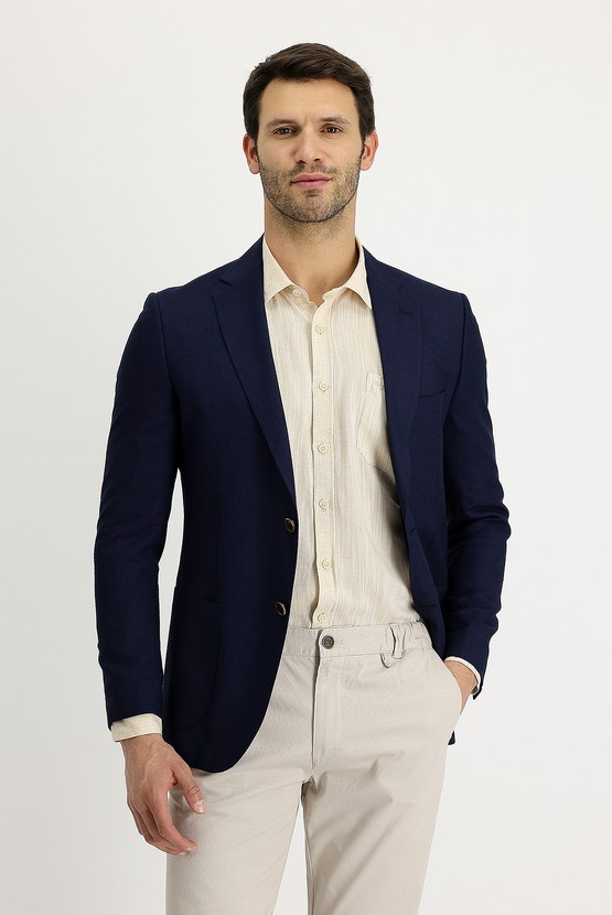 Erkek Giyim - Slim Fit Dar Kesim Klasik Keten Ceket