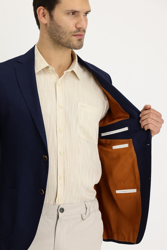 Erkek Giyim - Slim Fit Dar Kesim Klasik Keten Ceket