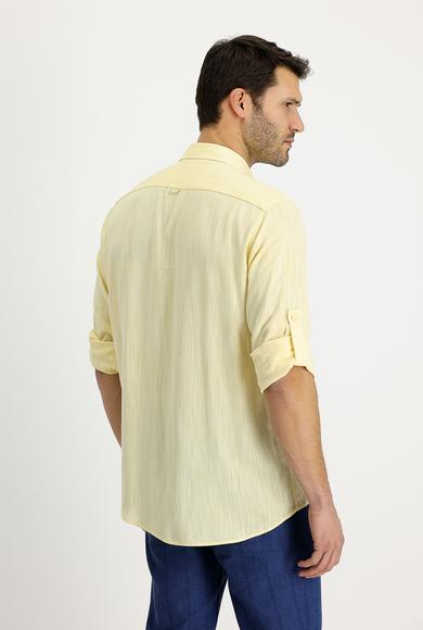 Erkek Giyim - LİMON SARI M Beden Uzun Kol Regular Fit Desenli Keten Gömlek
