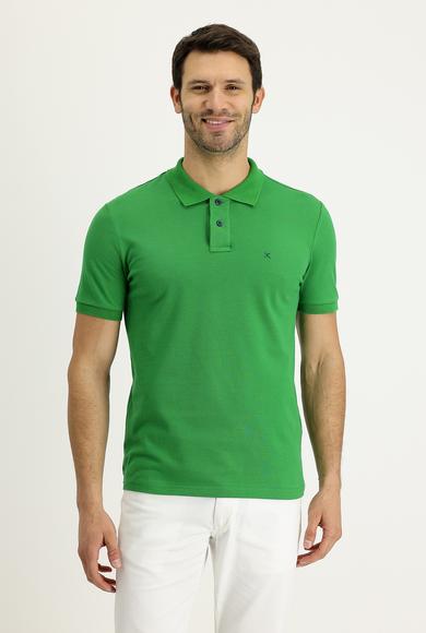 Erkek Giyim - ÇİMEN YEŞİLİ XL Beden Polo Yaka Slim Fit Nakışlı Pamuk Tişört