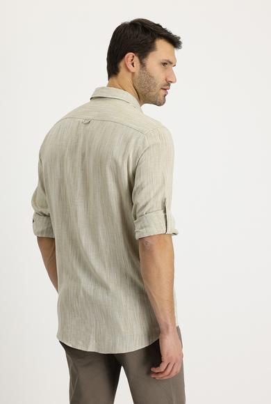 Erkek Giyim - KOYU BEJ XL Beden Uzun Kol Regular Fit Desenli Keten Gömlek