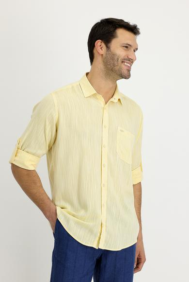 Erkek Giyim - LİMON SARI M Beden Uzun Kol Regular Fit Desenli Keten Gömlek