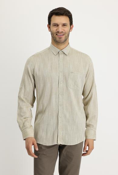 Erkek Giyim - KOYU BEJ XL Beden Uzun Kol Regular Fit Desenli Keten Gömlek