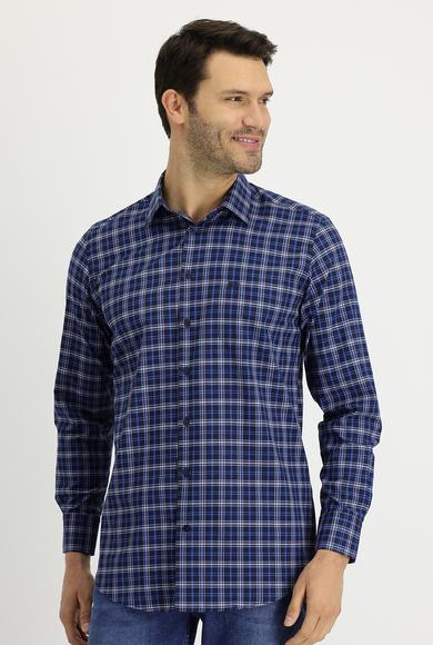 Erkek Giyim - AÇIK LACİVERT M Beden Uzun Kol Regular Fit Ekose Pamuklu Gömlek