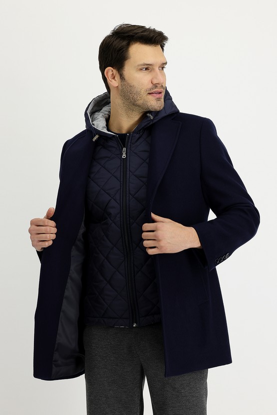 Erkek Giyim - Slim Fit Yünlü Kapüşonlu Palto