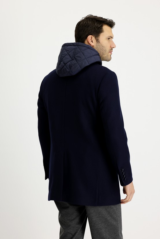 Erkek Giyim - Slim Fit Yünlü Kapüşonlu Palto