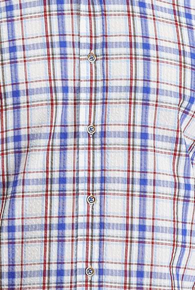 Erkek Giyim - MAVİ M Beden Kısa Kol Slim Fit Ekose Pamuklu Gömlek