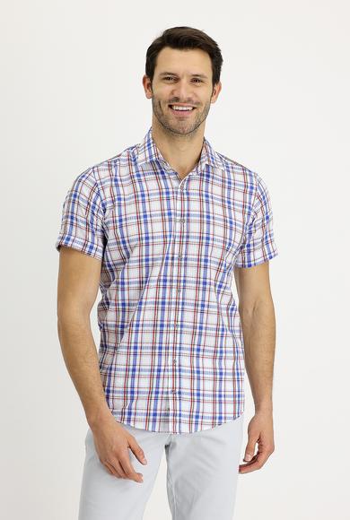 Erkek Giyim - MAVİ M Beden Kısa Kol Slim Fit Ekose Pamuklu Gömlek