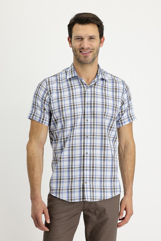Erkek Giyim - Kısa Kol Slim Fit Dar Kesim Ekose Pamuklu Gömlek