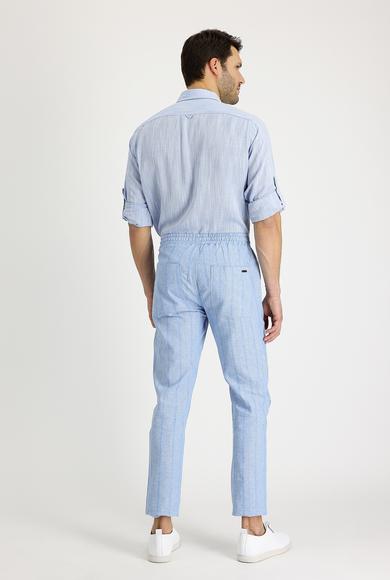 Erkek Giyim - MAVİ 50 Beden Slim Fit Beli Lastikli İpli Çizgili Keten Pantolon