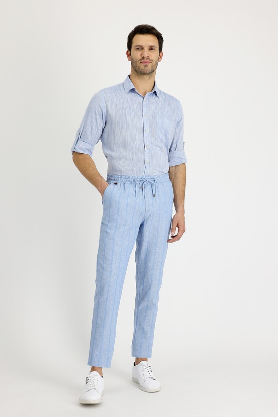 Erkek Giyim - Slim Fit Dar Kesim Beli Lastikli İpli Çizgili Keten Pantolon