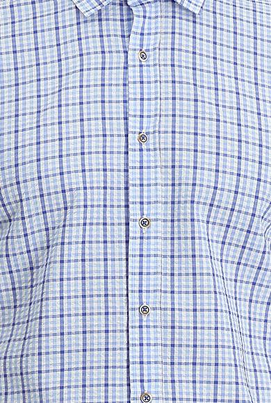 Erkek Giyim - AÇIK MAVİ M Beden Kısa Kol Slim Fit Ekose Pamuklu Gömlek