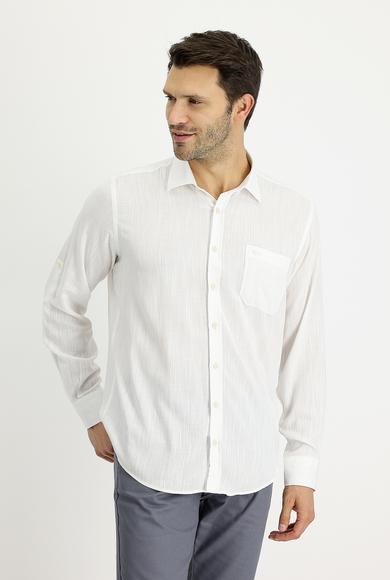 Erkek Giyim - BEYAZ XL Beden Uzun Kol Regular Fit Desenli Keten Gömlek