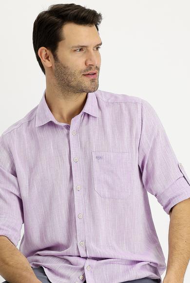 Erkek Giyim - LİLA XL Beden Uzun Kol Regular Fit Desenli Keten Gömlek