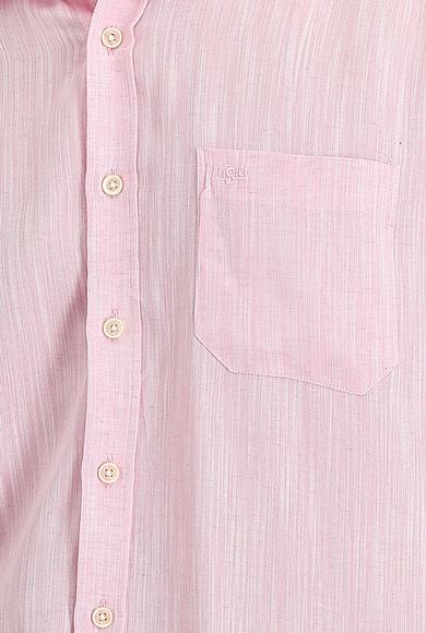 Erkek Giyim - ORTA PEMBE XL Beden Uzun Kol Regular Fit Desenli Keten Gömlek