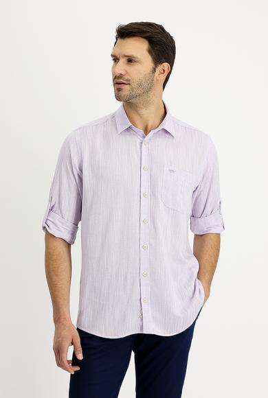 Erkek Giyim - AÇIK MOR L Beden Uzun Kol Regular Fit Desenli Keten Gömlek