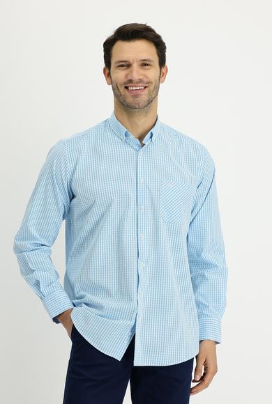 Erkek Giyim - AÇIK TURKUAZ L Beden Uzun Kol Regular Fit Ekose Pamuk Gömlek