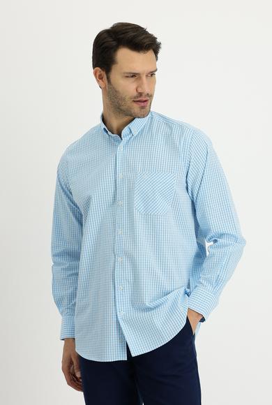 Erkek Giyim - AÇIK TURKUAZ L Beden Uzun Kol Regular Fit Ekose Pamuk Gömlek