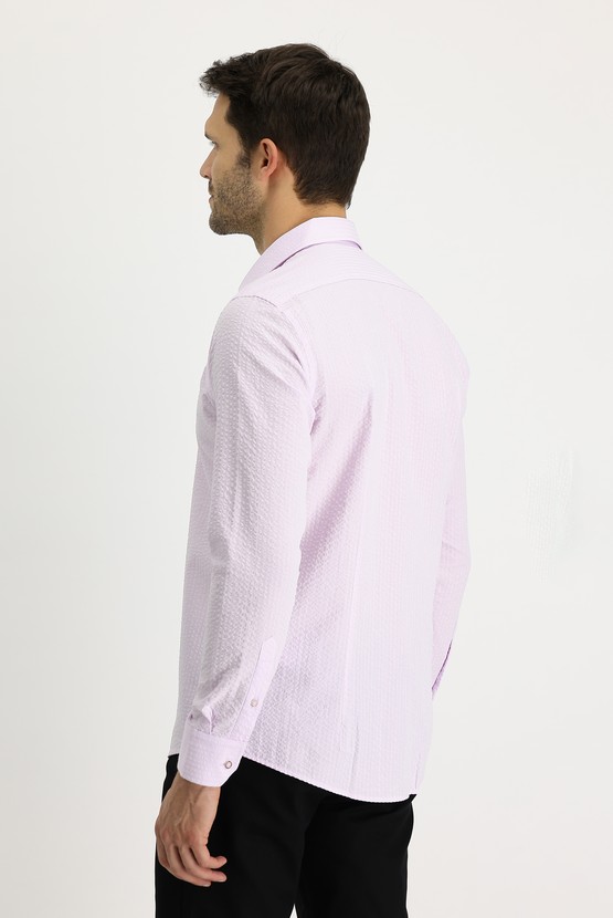 Erkek Giyim - Uzun Kol Slim Fit Dar Kesim Çizgili Pamuk Gömlek