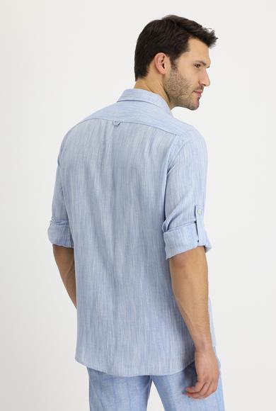 Erkek Giyim - AÇIK MAVİ L Beden Uzun Kol Regular Fit Desenli Keten Gömlek