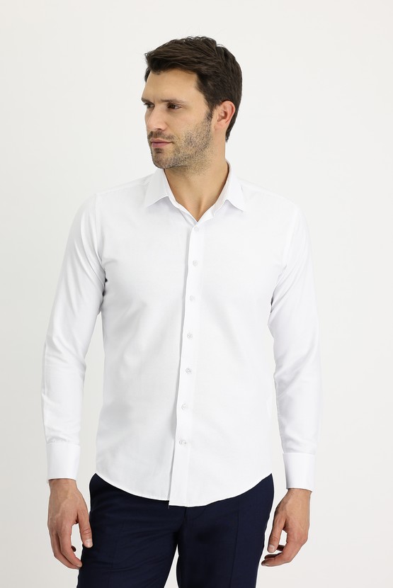 Erkek Giyim - Uzun Kol Slim Fit Dar Kesim Katlı Manşet Klasik Pamuklu Gömlek
