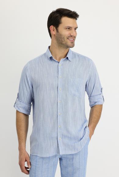Erkek Giyim - AÇIK MAVİ L Beden Uzun Kol Regular Fit Desenli Keten Gömlek
