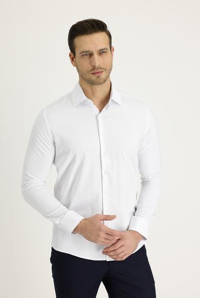 Erkek Giyim - BEYAZ S Beden Uzun Kol Slim Fit Dar Kesim Desenli Klasik Pamuklu Gömlek