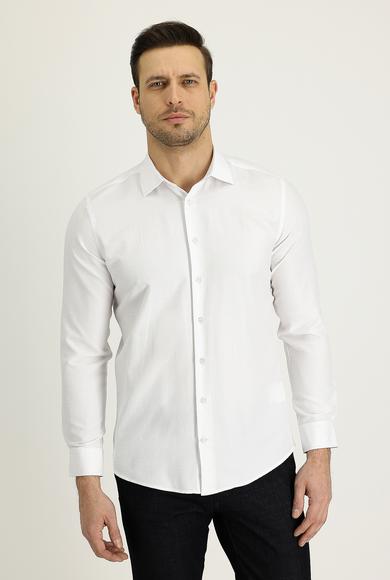 Erkek Giyim - BEYAZ M Beden Uzun Kol Slim Fit Klasik Desenli Pamuklu Gömlek
