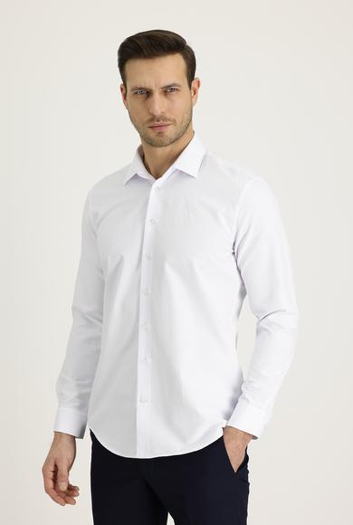 Erkek Giyim - BEYAZ XS Beden Uzun Kol Slim Fit Desenli Klasik Pamuklu Gömlek