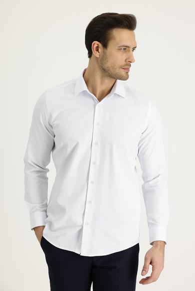 Erkek Giyim - BEYAZ L Beden Uzun Kol Slim Fit Klasik Desenli Pamuklu Gömlek