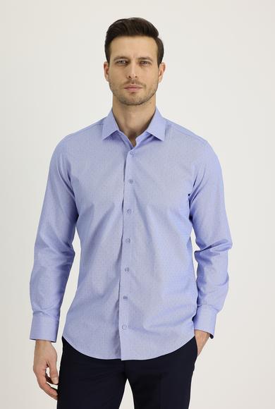 Erkek Giyim - AÇIK MAVİ M Beden Uzun Kol Slim Fit Desenli Pamuk Gömlek