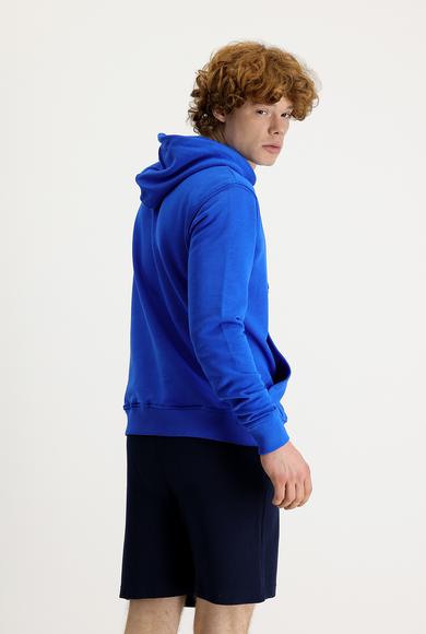 Erkek Giyim - SAKS MAVİ XL Beden Kapüşonlu Nakışlı Pamuklu Sweatshirt