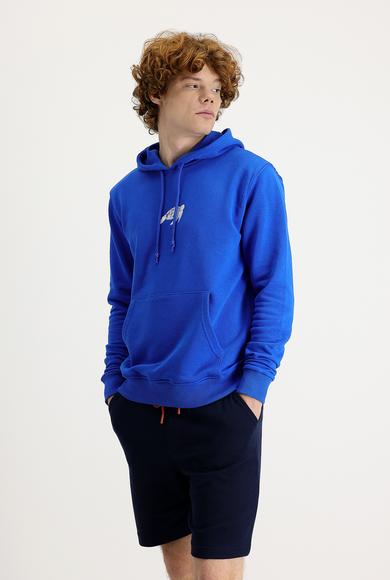Erkek Giyim - SAKS MAVİ XL Beden Kapüşonlu Nakışlı Pamuklu Sweatshirt