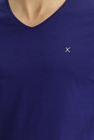 Erkek Giyim - ORTA LACİVERT XL Beden V Yaka Slim Fit Dar Kesim Nakışlı Pamuklu Tişört