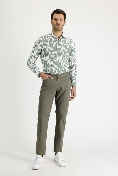 Erkek Giyim - AÇIK HAKİ 50 Beden Slim Fit Desenli Likralı Kanvas / Chino Pantolon