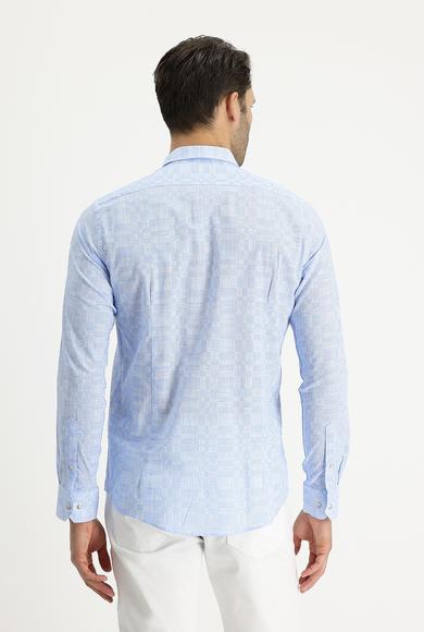 Erkek Giyim - GÖK MAVİSİ M Beden Uzun Kol Slim Fit Dar Kesim Baskılı Pamuk Gömlek