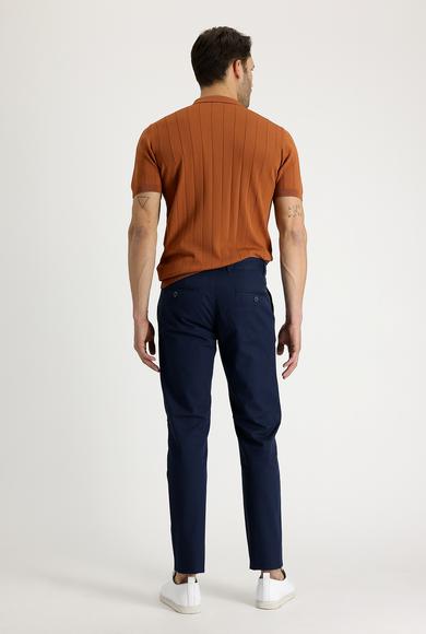 Erkek Giyim - ORTA LACİVERT 52 Beden Slim Fit Desenli Likralı Kanvas / Chino Pantolon