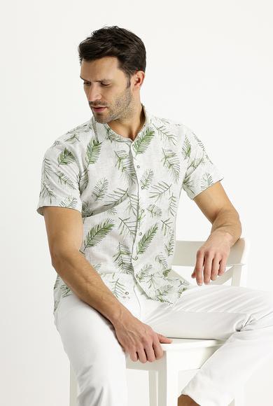 Erkek Giyim - ÇİMEN YEŞİLİ M Beden Kısa Kol Slim Fit Baskılı Pamuk Gömlek