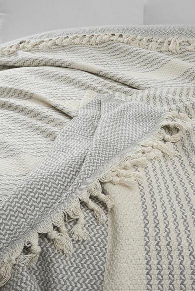 Erkek Giyim - ORTA GRİ  Beden Çizgi Desenli Pamuklu Yatak Örtüsü