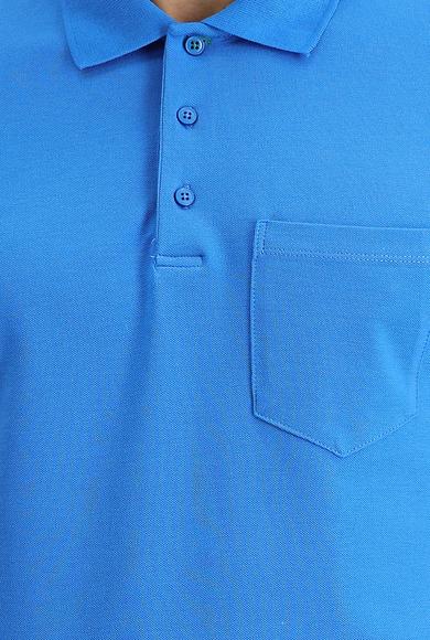 Erkek Giyim - SU MAVİSİ XXL Beden Polo Yaka Regular Fit Nakışlı Pamuk Tişört