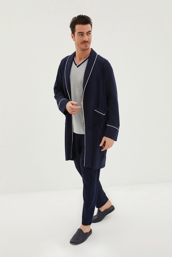 Erkek Giyim - Çift V Yaka Omuz Dikiş Detaylı 3'lü Penye Roblu Pijama Takımı