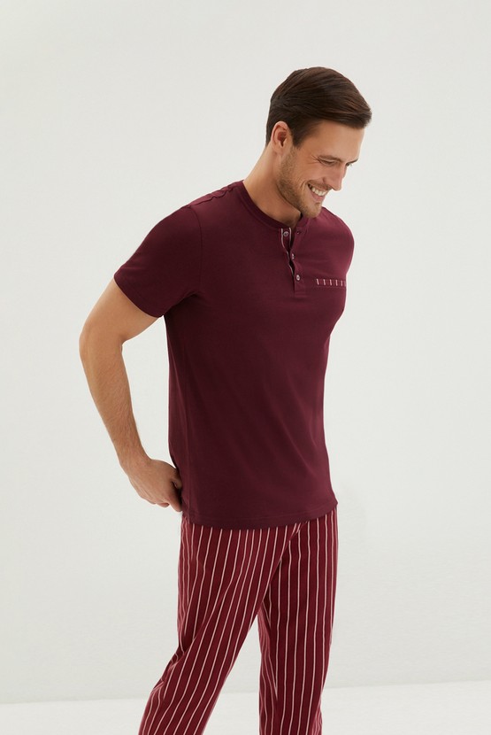 Erkek Giyim - Klasik Kısa Kollu Patlı 2'li Çizgili Pamuk Pijama Takımı