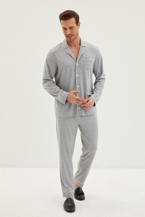 Erkek Giyim - Bebe Yaka Düğmeli 2'li Düz Pamuklu Pijama Takımı