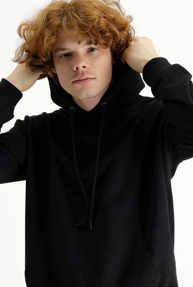 Erkek Giyim - SİYAH 5X Beden Kapüşonlu Pamuklu Sweatshirt