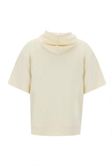 Erkek Giyim - EKRU XXL Beden Eco-Line Kapüşonlu Yarım Kol Baskılı Pamuklu Sweatshirt