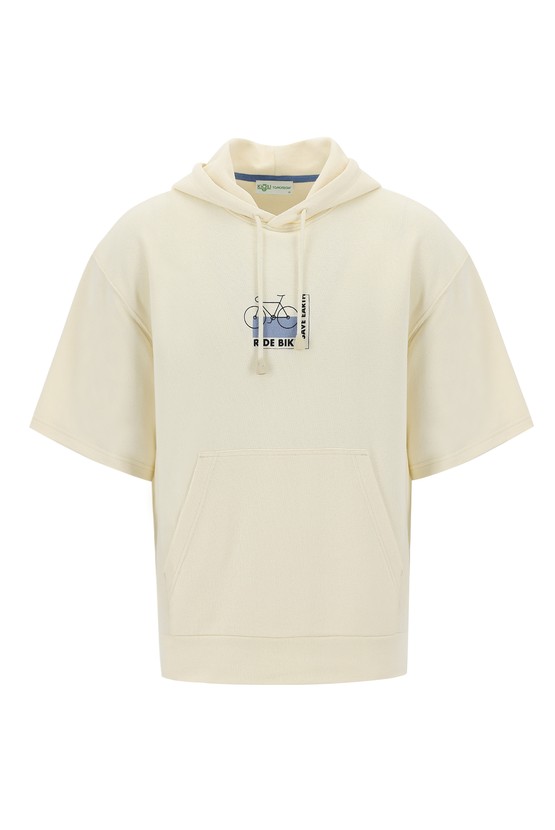 Erkek Giyim - Eco-Line Kapüşonlu Yarım Kol Baskılı Pamuklu Sweatshirt