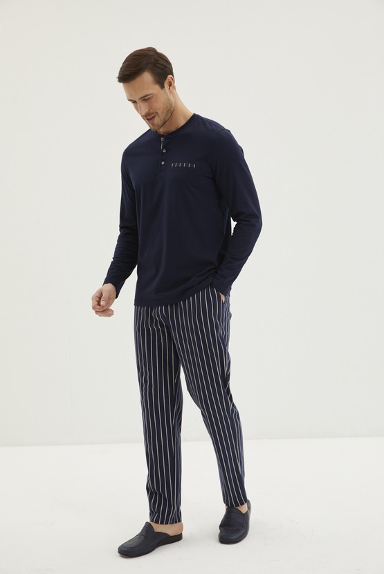 Erkek Giyim - 3'lü Klasik Patlı Çizgili Triko Roblu Pijama Takımı